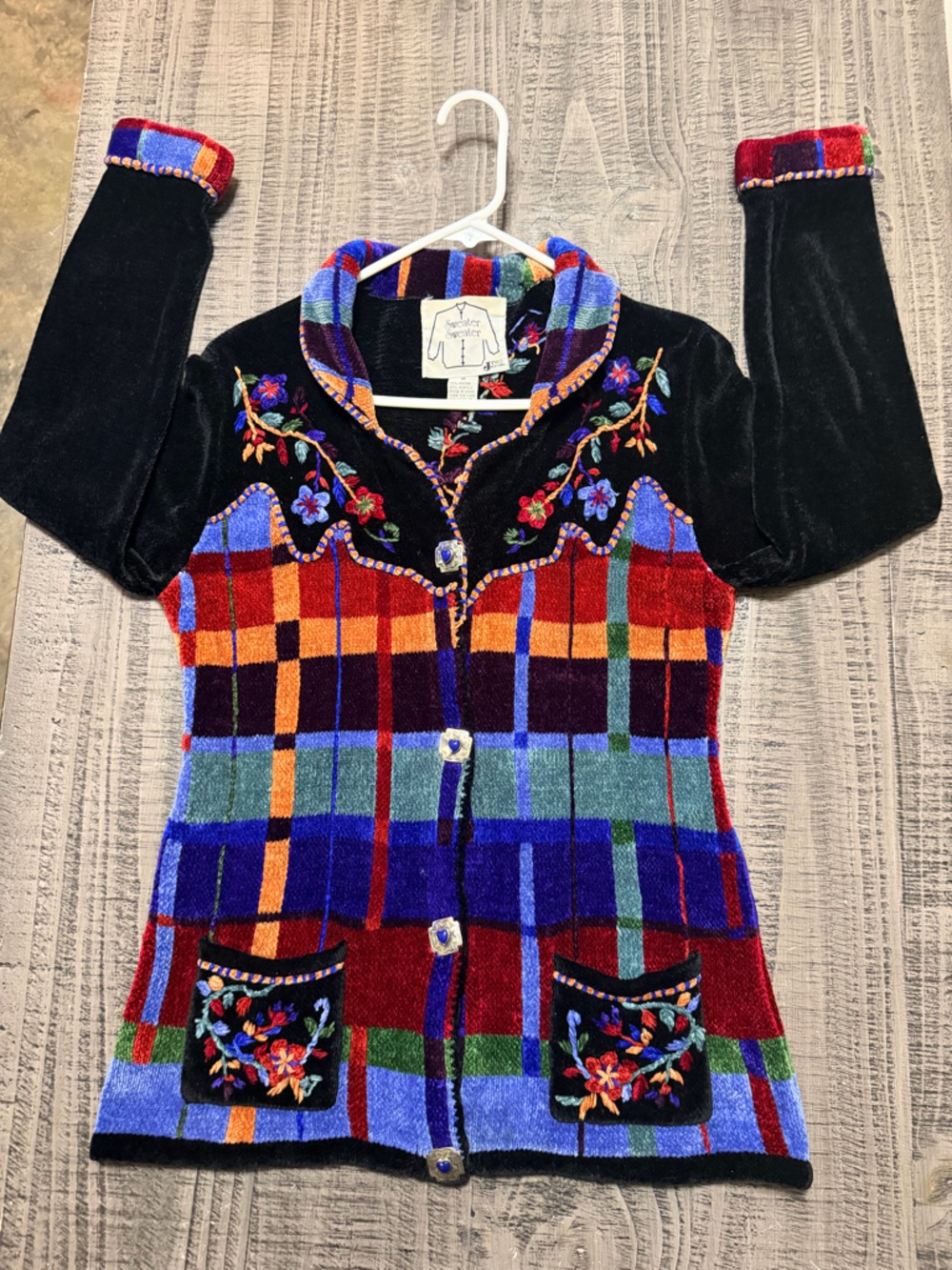 Multicolor Plaid Velvet V-Neck Cardigan Sweater - Embroidered